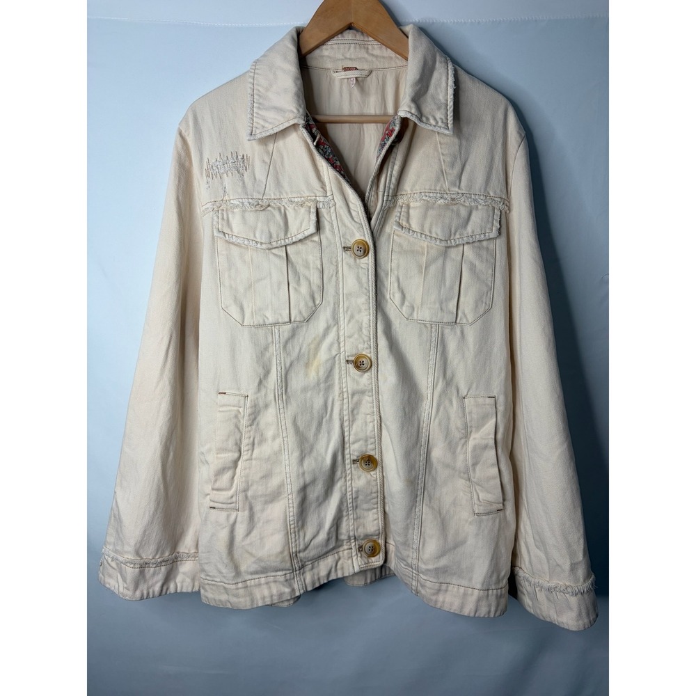 Free People Denim Utility Jacket Oversized Small Distressed Rustic Boho Floral